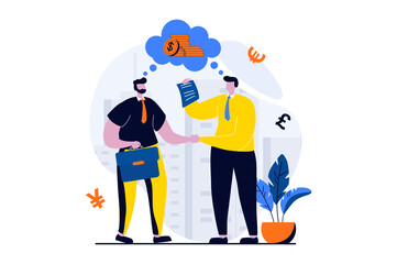 Business making concept with people scene in flat cartoon design. Businessmen make bargain deal, sign contract and shake hands, partnership and cooperation. Illustration visual story for web - obrazy, fototapety, plakaty
