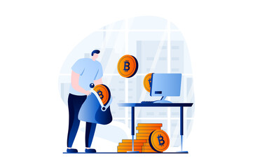 Cryptocurrency mining concept with people scene in flat cartoon design. Man mines bitcoins on virtual farm using computer and saves it on electronic wallet. Illustration visual story for web