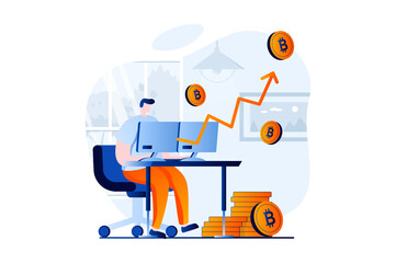 Cryptocurrency mining concept with people scene in flat cartoon design. Man mines bitcoins using computer, analyzes market data and increases money profit. Illustration visual story for web