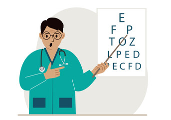 Ophthalmologist near the vision test table. Diagnosis and eye examination. Optometrist checks eyesight and chooses glasses.