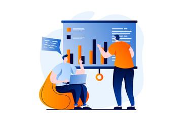 Data analysis concept with people scene in flat cartoon design. Men discussions and working with statistics at presentation, analyzing charts, business audit. Illustration visual story for web