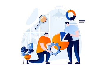 Data science concept with people scene in flat cartoon design. Scientists use charts and graphs for research work, work with databases, optimize and analyze. Illustration visual story for web