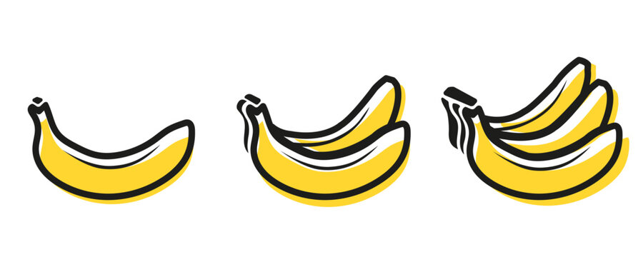 A set of bananas with a black outline on a white background vector images. Isolated illustrations, easy-to-edit and ready-to-use icons. Collection of various drawings, paintings, photographs