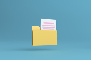 Folder with files, paper icon. file management concept on blue background. 3d illustration