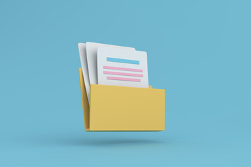 Folder with paper icon. management concept on blue background. 3d illustration