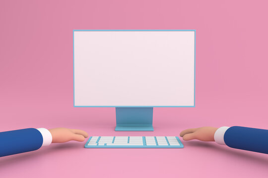 Hand On Blue Computer With Blank Screen On Pink Background. 3d Illustration