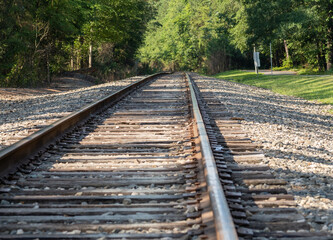 Fototapeta na wymiar Railroad tracks through a park