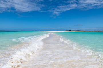 Los Roques Archipelago, Venezuela, 07.30.2022: white tropical beach in Cayo de Agua  (Water Cay).