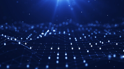 Fototapeta premium Polygons are connect with lines and dots. There is a padlock icon on top with a dark blue background. Abstract background cybersecurity technology concept.