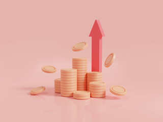 Red up arrow and coin stacks on pink background. Economic growth, Financial success, business money investment, coin up, cash. Money growth concept. 3d icon render illustration, cartoon minimal