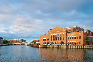  Cityscape with Polish Baltic Philharmonic on Ołowianka island , shore of Motlawa river, Old Town of Gdansk