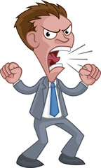 Fototapeta na wymiar Angry Boss Business Man In Suit Cartoon Shouting