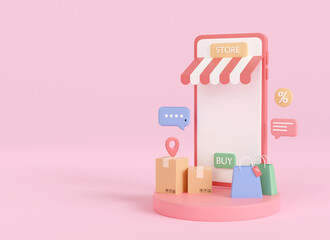 Fototapeta na wymiar 3d shopping store on smartphone on pink background. e-commerce phone on podium. online shop concept mobile application. 3d rendering illustration cartoon minimal style. copyscape for text.
