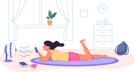 Girl cooling fan. Fun child woman lies under cold air wind electric fans with phone hand, hot heat weather in house home, relaxation sweat body brunette person vector illustration