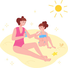 Mother applying sunscreen. Mom apply sunburn protection cream to baby skin of body or face, child skincare sunblock dermatology cosmetics on summer sun beach, vector illustration