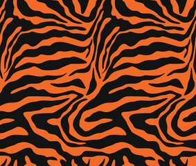 Tiger print orange background black stripes vector seamless pattern. Animal design.