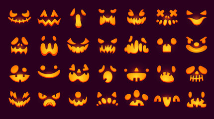 Glowing pumpkin faces. Glow eyes and teeth mouth of scary halloween creatures, jack-o-lantern carved spooky evil face or smile pumpkins emoji smiley, ingenious vector illustration