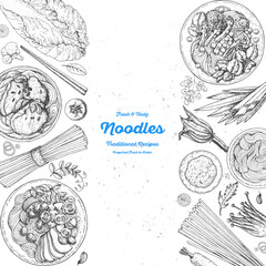 Asian food engraved sketch collection. Noodle dishes top view. Food menu design with cooked noodles . Vintage hand drawn sketch vector illustration. Asian cuisine menu background.
