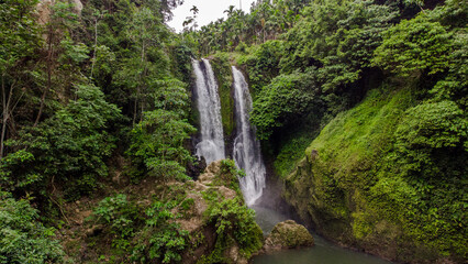 Aerial view of the Blang Kolam waterfall, Aceh, Indonesia.