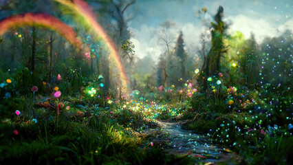 Magical fantasy fairytale forest with rainbow and trees - obrazy, fototapety, plakaty