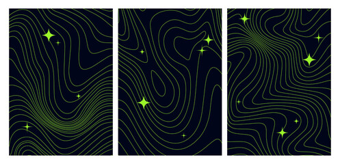 Funky Y2k Bg with Sparkle Stars. Vector Set of Metaverse Illustrations with Lines