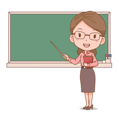 Cartoon illustration of female teacher holding a stick in front of blackboard.