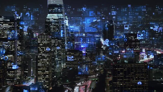 Aerial View of Los Angles with Futuristic Technology Icons.  Smart City And Communication Network Concept. 5G Connections, IOT, Internet Of Things, Telecommunication. United States.