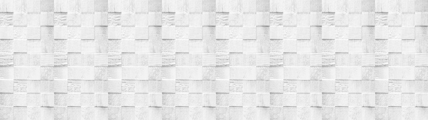 Fototapeta premium Abstract white stone concrete cement tile texture wall with 3d square cubes mosaic background wide panorama seamless