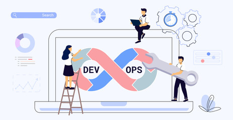 DevOps concept Tiny programmers practice development and Software operations Software engineering culture Computer system administration Design technology analysis Flat vector isolated illustration