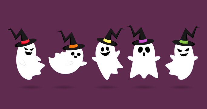 Happy halloween party greeting card with cute ghost. Holidays cartoon character. Cute spooky ghosts. Spooky ghosts in a witch hat