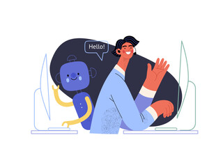 Customer support -Online shopping and electronic commerce series -modern flat vector concept illustration of an operator and bot greeting a client. Promotion, discounts, sale and online orders concept