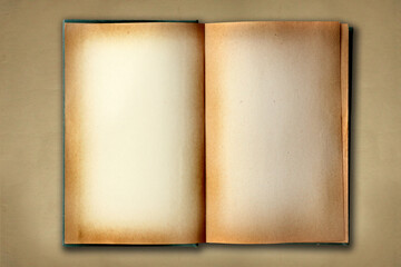Stained Old Work Book Open on Distessed Background