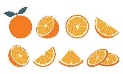 Big vector collection of fresh oranges. Orange fruit isolated on white background. Vector illustration for design and print - obrazy, fototapety, plakaty