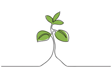 Plant in soil with leaves line icon. Seedling vector outline sign. One continuous line of art.