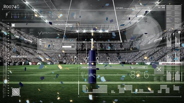 Digital interface with data processing against confetti falling over rugby goal post