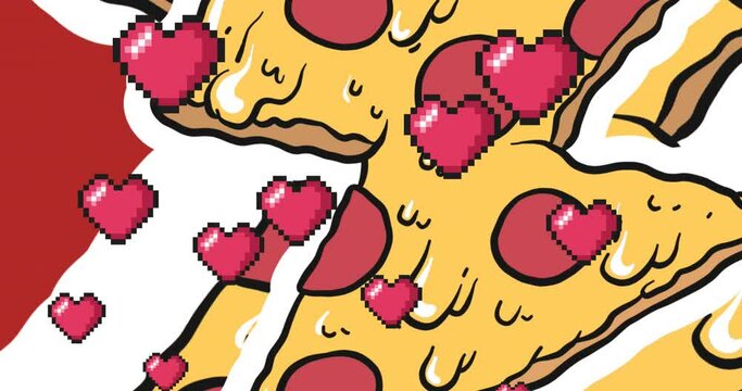Multiple red heart floating against multiple pizza slice icons in seamless pattern