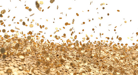 rain of gold bitcoin coins isolated on white background.