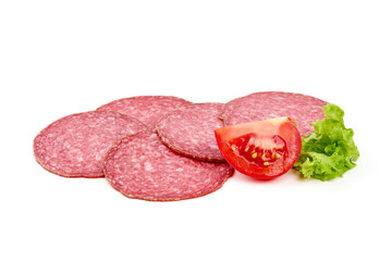 Salami smoked sausage, isolated on white background.