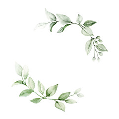 Wreath with eucalyptus, watercolor leaves. Hand painting botanical floral frame. Leaf illustration isolated on white background.