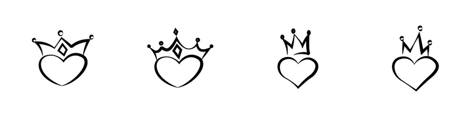 Conjunto de corazones con corona dibujados a mano. Corona de rey y reina en corazón negro