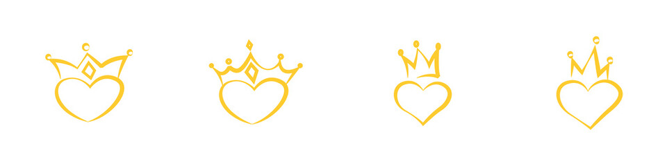 Conjunto de corazones con corona dibujados a mano. Corona de rey y reina en corazón dorado