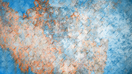 Abstract blue orange rusty spotty dirty grunge weathered old aged metal steel cubes blocks wall...