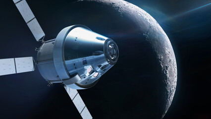 Orion spacecraft near Moon orbit. Spaceship in deep space. Artemis space mission. Future. Elements...