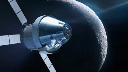 Tuinposter Orion spacecraft near Moon orbit. Spaceship in deep space. Artemis space mission. Future. Elements of this image furnished by NASA © dimazel