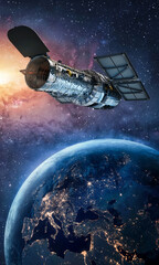 Space Telescope Hubble on orbit of Earth planet. Space observatory. Stars and galaxies science...
