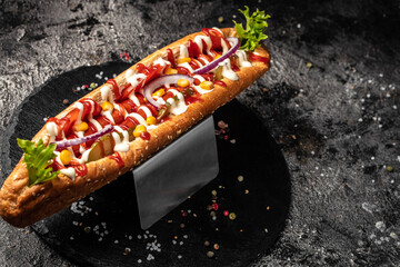 Hot Dog with toppings in woman's hand on a dark background. Food background. fast food and junk...