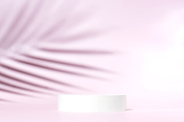 white podium with palm leaves on pink background. Concept scene stage showcase for product, promotion, sale, banner, presentation of cosmetic products. Minimal showcase empty mock up.