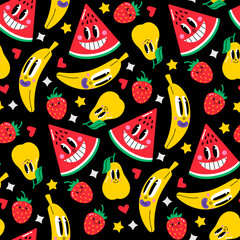 Seamless pattern with characters in retro cartoon comic style. Funny banana, pear, strawberry, watermelon. Vector background in flat vintage style.