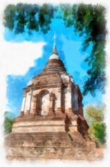 Fototapeta premium Ancient architecture of northern thailand watercolor style illustration impressionist painting.
