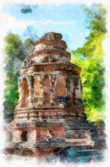 Fototapeta premium Ancient architecture of northern thailand watercolor style illustration impressionist painting.
